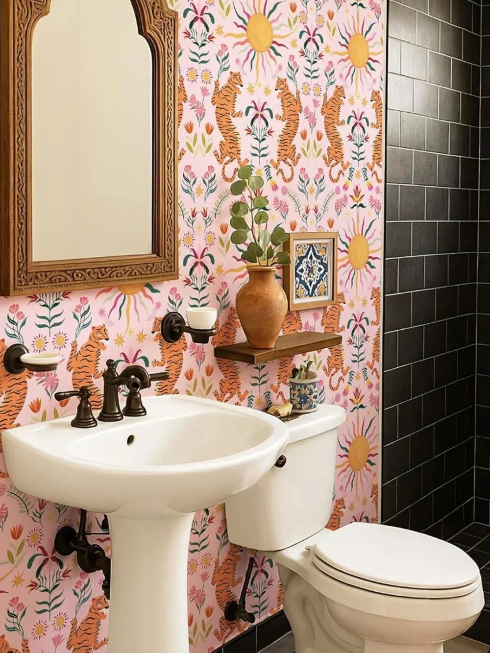 Pink Tiger Peel and Stick Removable Wallpaper - Tropical Maximalist Jungle Print